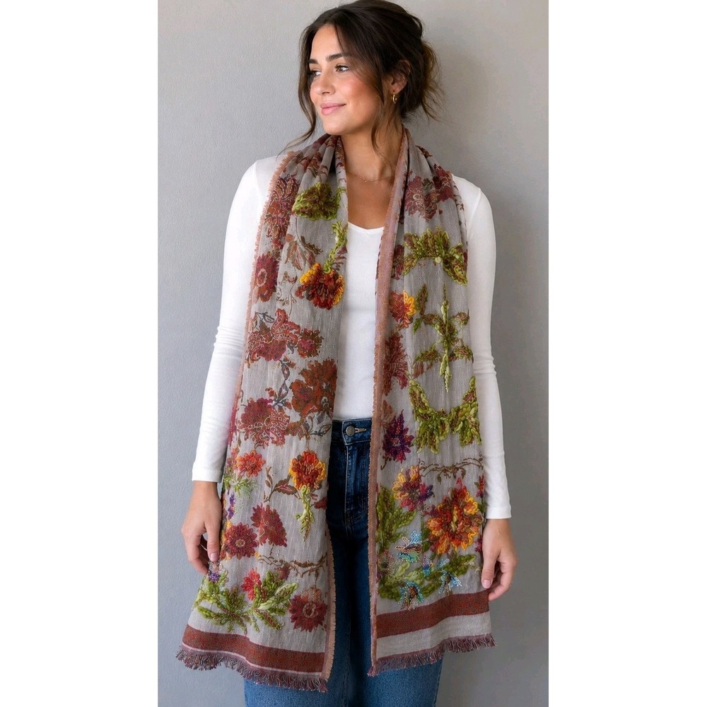 Soft Surroundings Embroidered Floral Wool Blend Scarf Shawl Boho Artisan‎ India